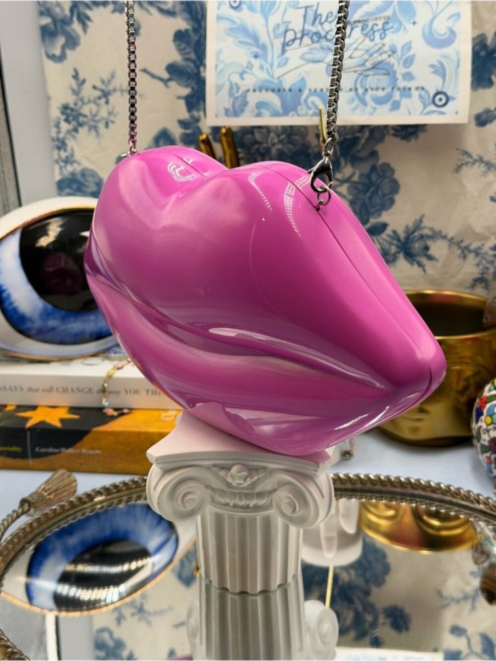 🆕 LULU GUINNESS 🧿 NWOT X ROLLING STONES Iconic Lips Perspex Clutch, Hot Pink - Picture 5 of 15